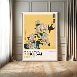 11004-MGV-FC-24X36_Natural-Hokusai Hydrangea Wall Art – Japanese Floral Canvas Print with Swallow Bird, Classic Ukiyo-e Nature Decor for Bedroom, Office or