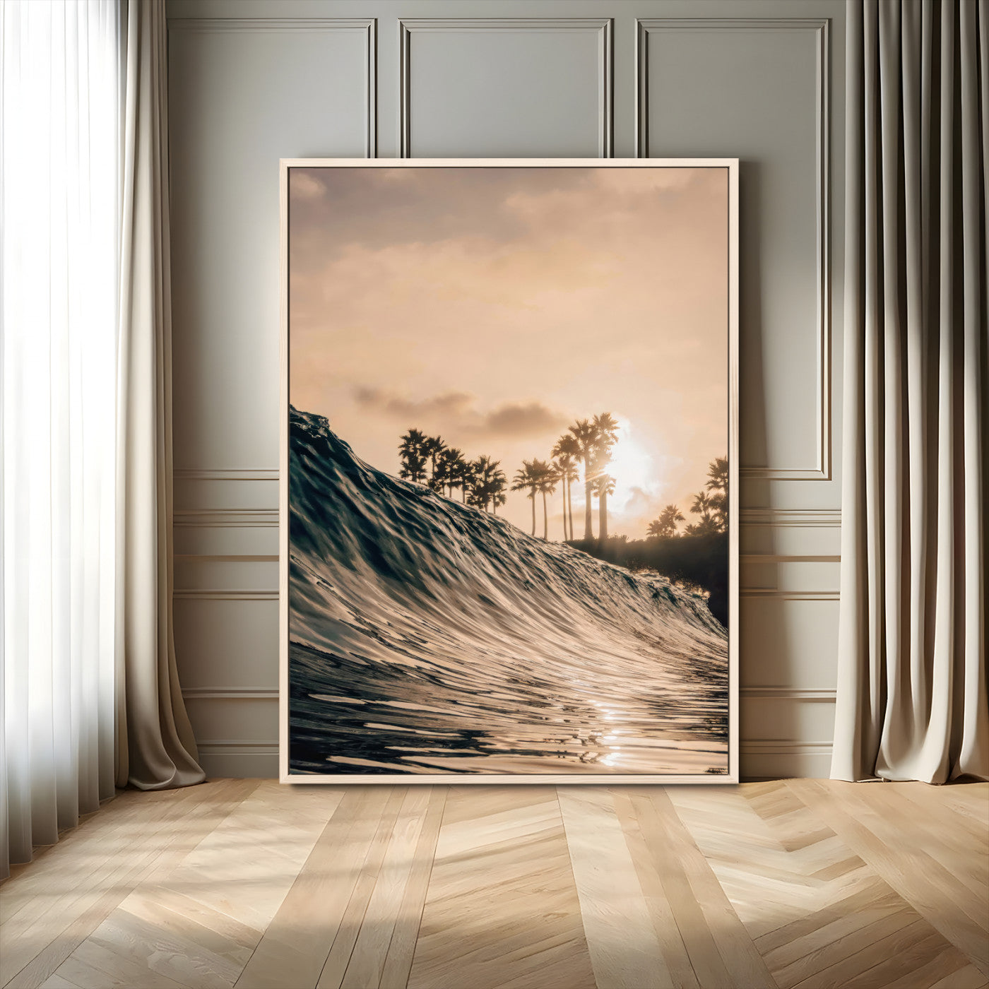 50270635-MGV-FC-24X36-Golden Hour Ocean Wall Art Canvas Print, Framed Beach Sunset Art Picture Print, Palm Trees Perfect Tropical Coastal Decor Artwork