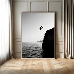 99497106-MGV-FC-24X36_Natural-Cliff Jumping Wall Art Canvas Print, Framed Black White Ocean Art Picture Print, Monochrome Cliff Perfect Minimalist Adventure