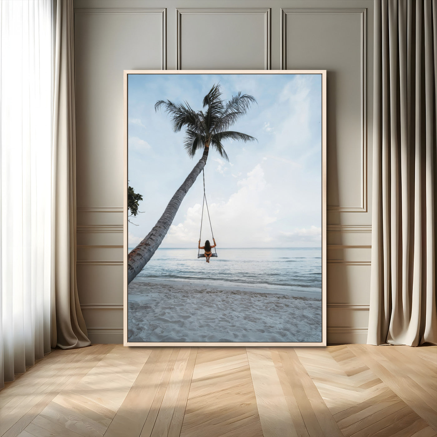 86062249-MGV-FC-24X36-Tropical Swing Wall Art Canvas Print, Framed Ocean Horizon Art Picture Print, Palm Trees Perfect Tropical Minimalist Decor Artwork