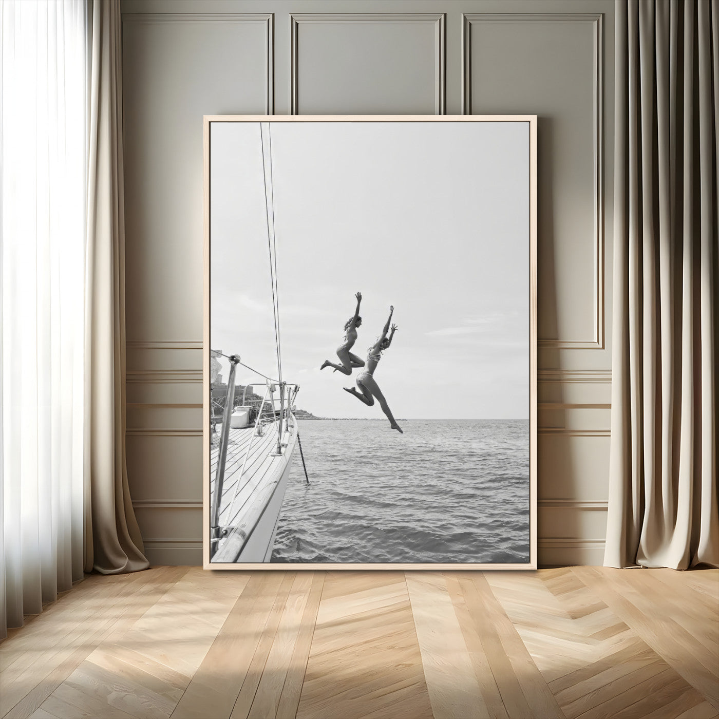 74555508-MGV-FC-24X36_Natural-Black White Sailing Wall Art Canvas Print, Framed Ocean Adventure Art Picture Print, Summer Energy Perfect Modern Minimalism Decor