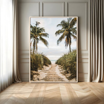 47319550-MGV-FC-24X36-Tropical Beach Wall Art Canvas Print, Framed Rustic Sand Art Picture Print, Palm Tree Perfect Tropical Coastal Decor Artwork
