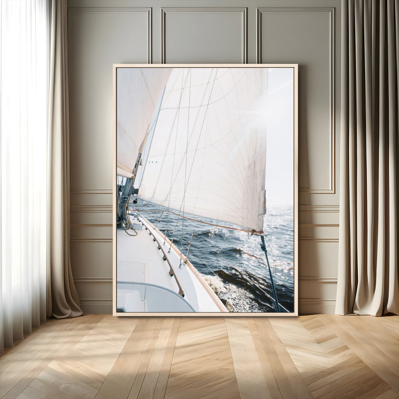 95570785-MGV-FC-24X36_Natural-Sailing Boat Wall Art Canvas Print, Framed Bright Nautical Art Picture Print, Sailing Sea Perfect Coastal Minimalist Decor Artwork