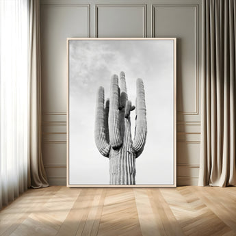 17148959-MGV-FC-24X36_Natural-Saguaro Cactus Wall Art Canvas Print, Framed Monochrome Desert Art Picture Print, Black White Cactus Perfect Southwestern