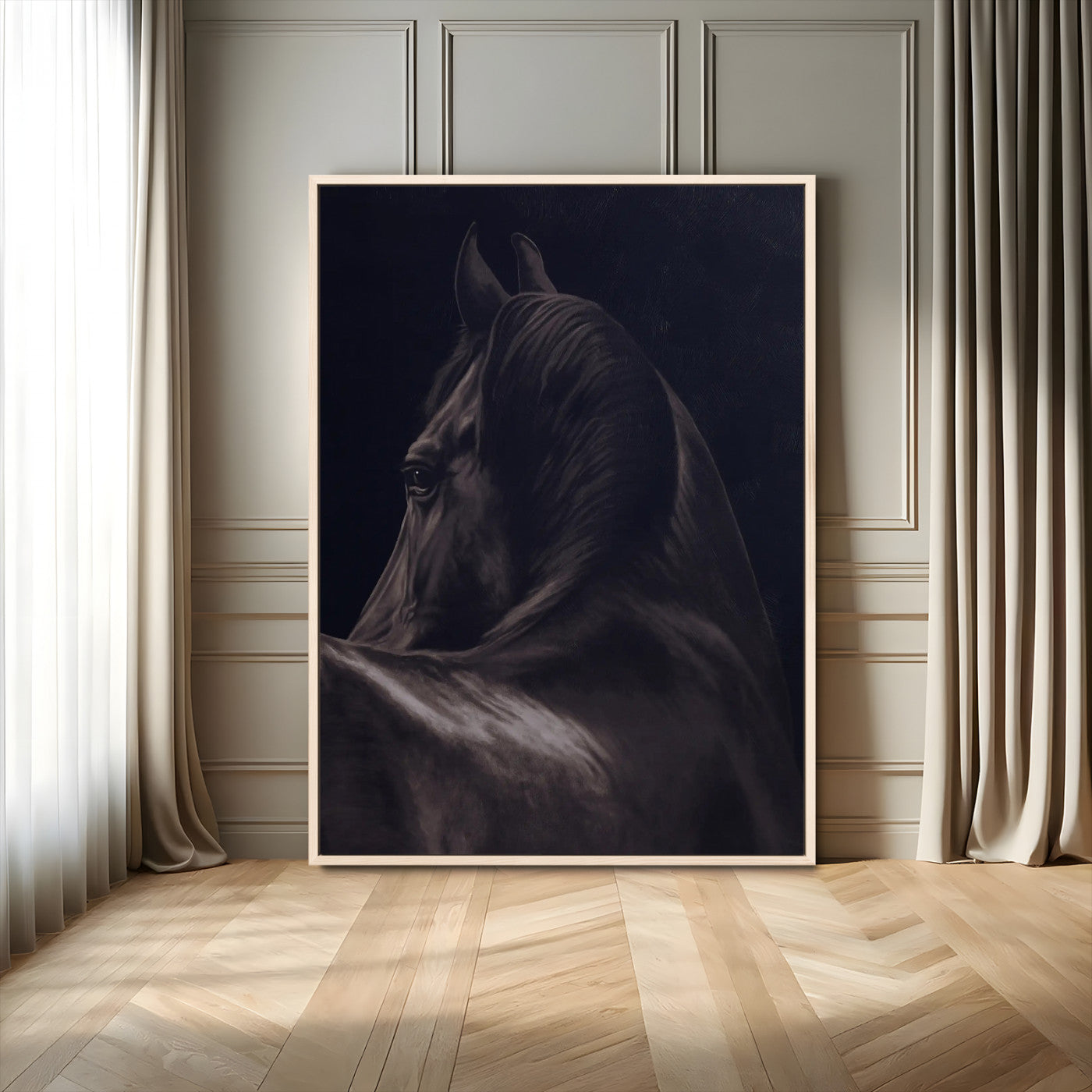 67026880-MGV-FC-24X36_Natural-Black Horse Portrait Wall Art Canvas Print, Framed Moody Horse Decor Art Picture Print, Equestrian Wall Style Perfect Masculine