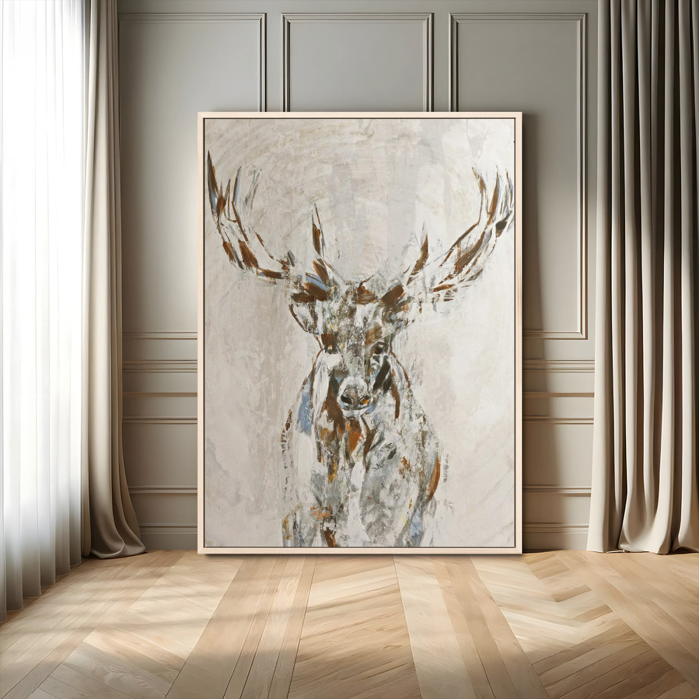 79642067-MGV-FC-24X36_Natural-Abstract Deer Wall Art Canvas Print, Framed Lodge Style Decor Art Picture Print, Rustic Animal Wall Perfect Lodge Cabin Style