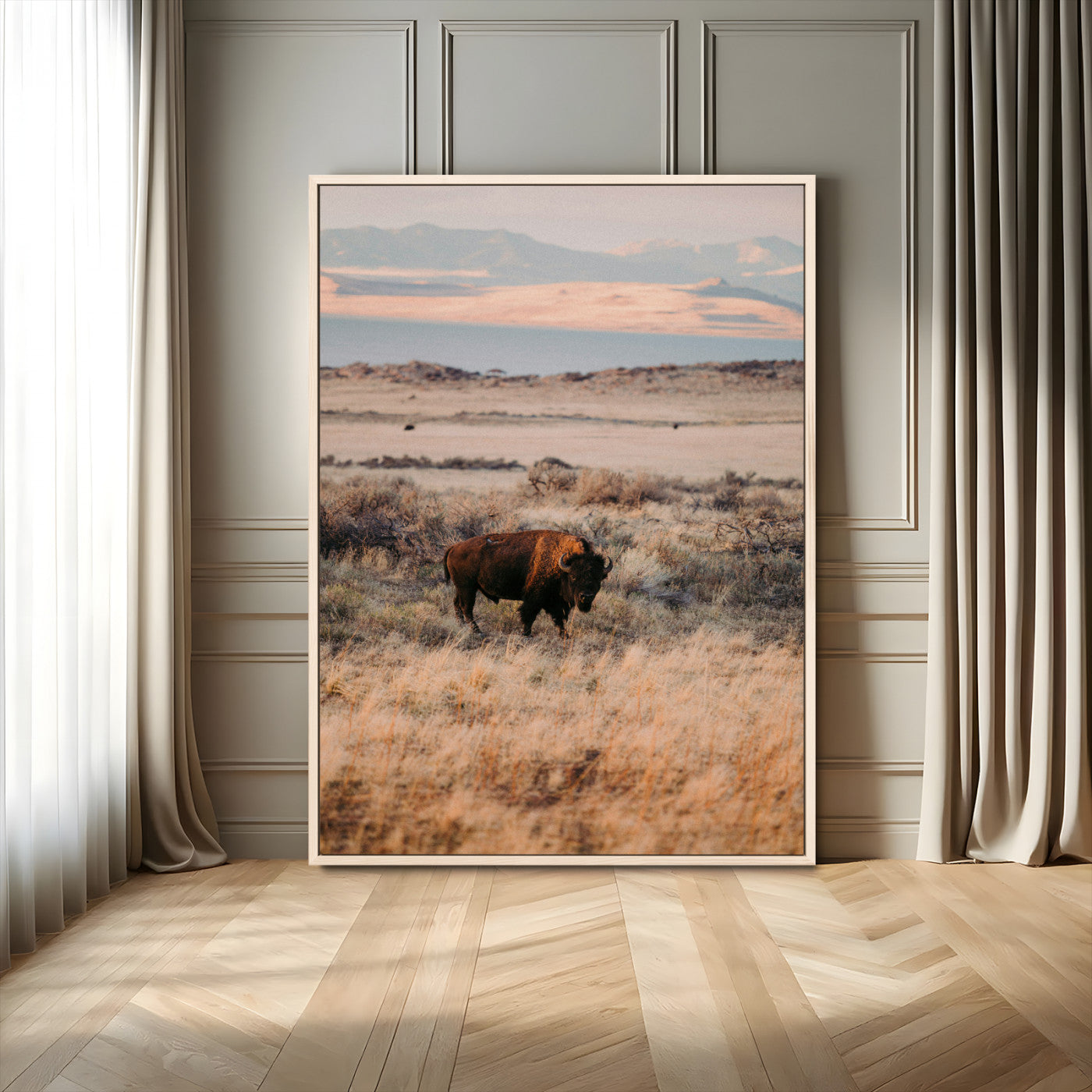 75146693-MGV-FC-24X36-Solitary Buffalo Wall Art Canvas Print, Framed Golden Prairie Art Picture Print, Earthy Tones Perfect Rustic Western Decor Artwork