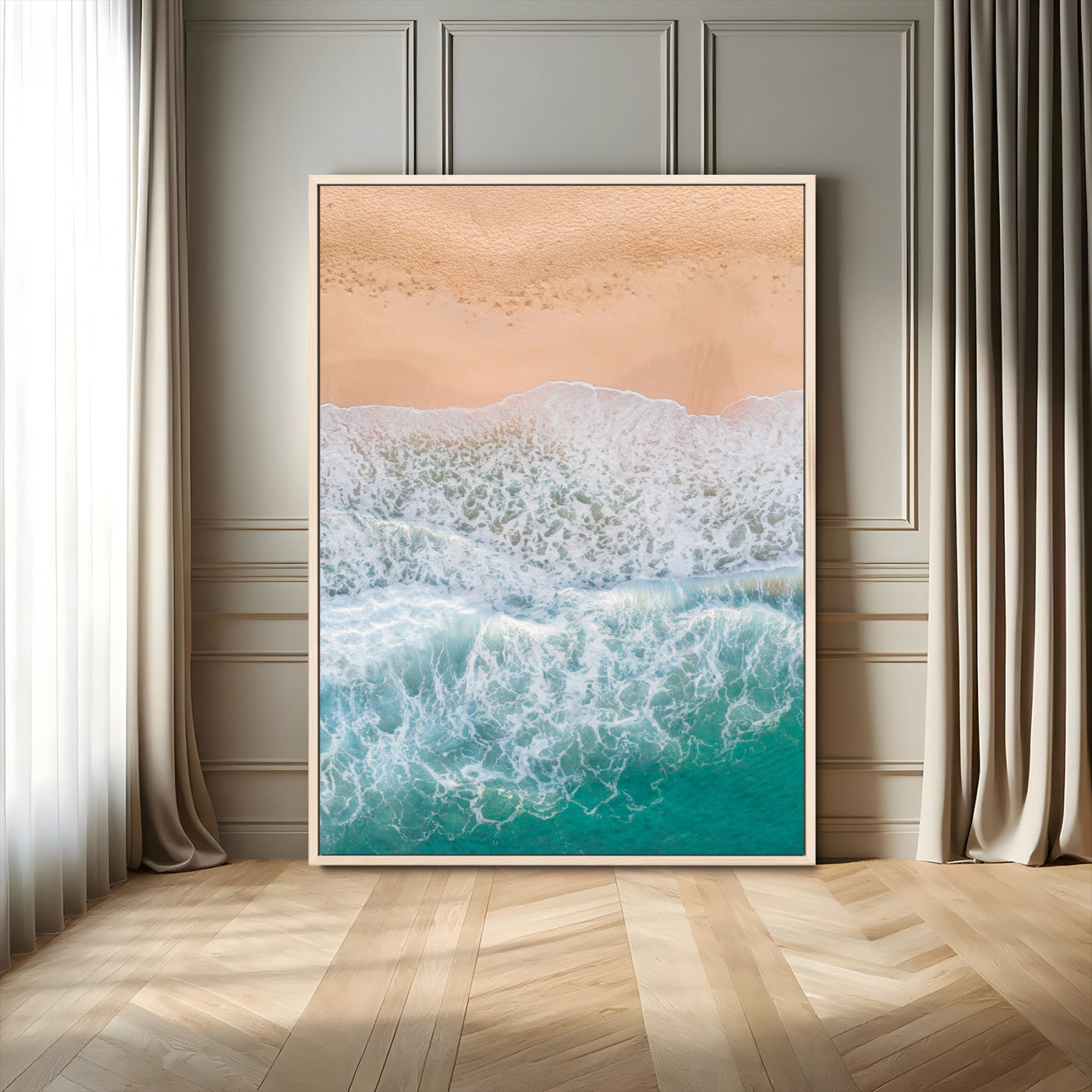 91434062-MGV-FC-24X36_Natural-Beach Aerial Wall Art Canvas Print, Framed Soft Waves Art Picture Print, Ocean Tranquility Perfect Coastal Minimalist Decor