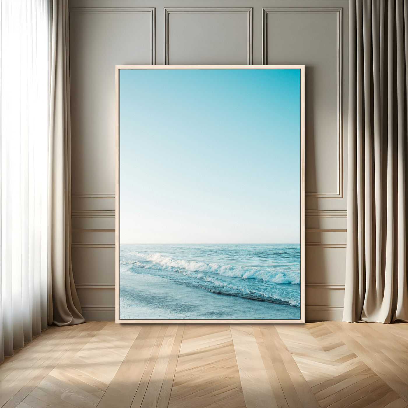 20189712-MGV-FC-24X36_Natural-Minimalist Ocean Wall Art Canvas Print, Framed Calm Seascape Art Picture Print, Soft Blue Tones Perfect Coastal Minimalist Decor