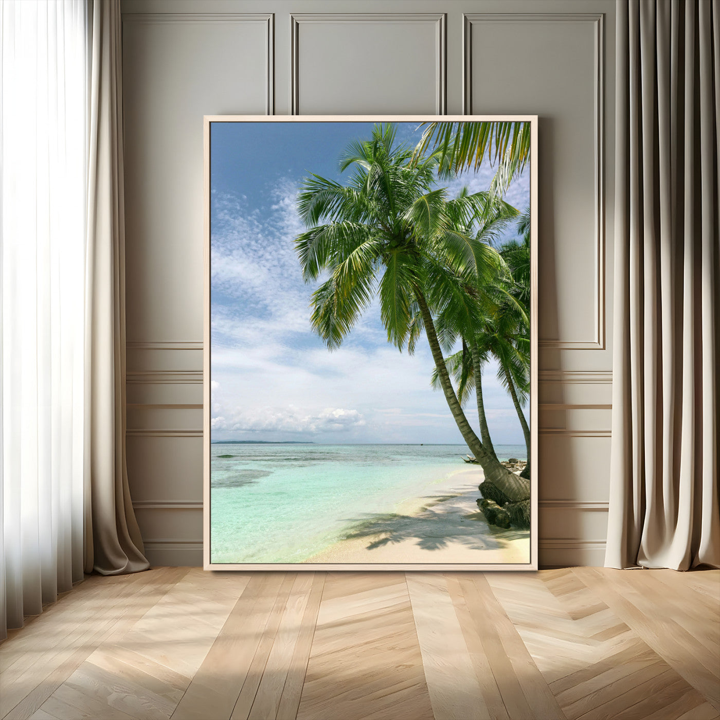 80489589-MGV-FC-24X36_Natural-Palm Tree Beach Wall Art – Tropical Paradise Canvas Print with White Sand and Turquoise Ocean, Coastal Photography for Bedroom,