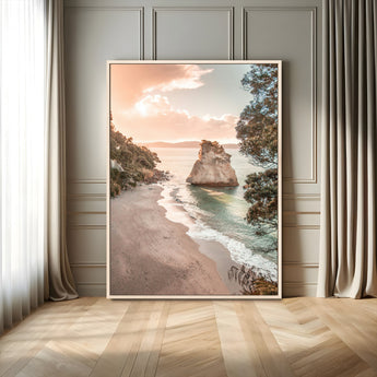 34220311-MGV-FC-24X36_Natural-Coastal Rock Wall Art – Sunset Beach Canvas Print with Ocean Waves and Golden Light, Scenic Seaside Photography for Bedroom,