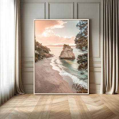 34220311-MGV-FC-24X36_Natural-Coastal Rock Wall Art – Sunset Beach Canvas Print with Ocean Waves and Golden Light, Scenic Seaside Photography for Bedroom,