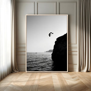 36618494-MGV-FC-24X36_Natural-Modern Wall Art – Cliff Diver Black and White Canvas Print, Bold Ocean Photography Decor for Bedroom, Living Room, Office, Coastal