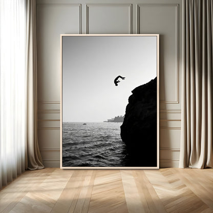 36618494-MGV-FC-24X36_Natural-Modern Wall Art – Cliff Diver Black and White Canvas Print, Bold Ocean Photography Decor for Bedroom, Living Room, Office, Coastal