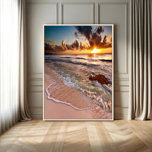14930-MGV-FC-24X36_Natural-Beach Sunset Wall Art Canvas Print, Framed Ocean Horizon Art Picture Print, Tropical Shore Perfect Minimalist Coastal Decor