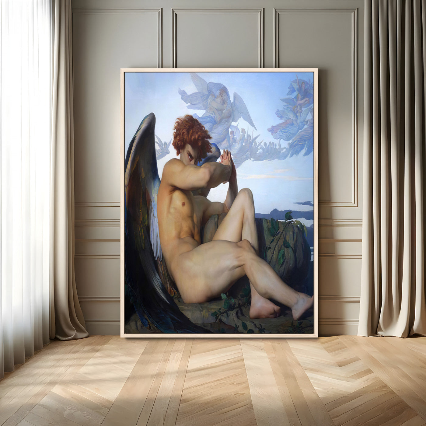 99738-MGV-FC-24X36_Natural-Fallen Angel Wall Art Canvas Print, Framed Classical Nude Art Picture Print, Renaissance Style Perfect Classical Moody Decor