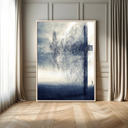 98984-MGV-FC-24X36_Natural-Disintegrating Cross Wall Art Canvas Print, Framed Abstract Symbol Art Picture Print, Conceptual Horizon Perfect Spiritual