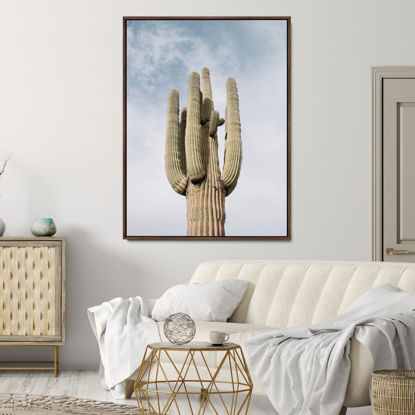 44868276-MGV-CV-24X36-Saguaro Cactus Wall Art Canvas Print, Framed Earthy Desert Art Picture Print, Warm Botanical Perfect Southwestern Boho Decor