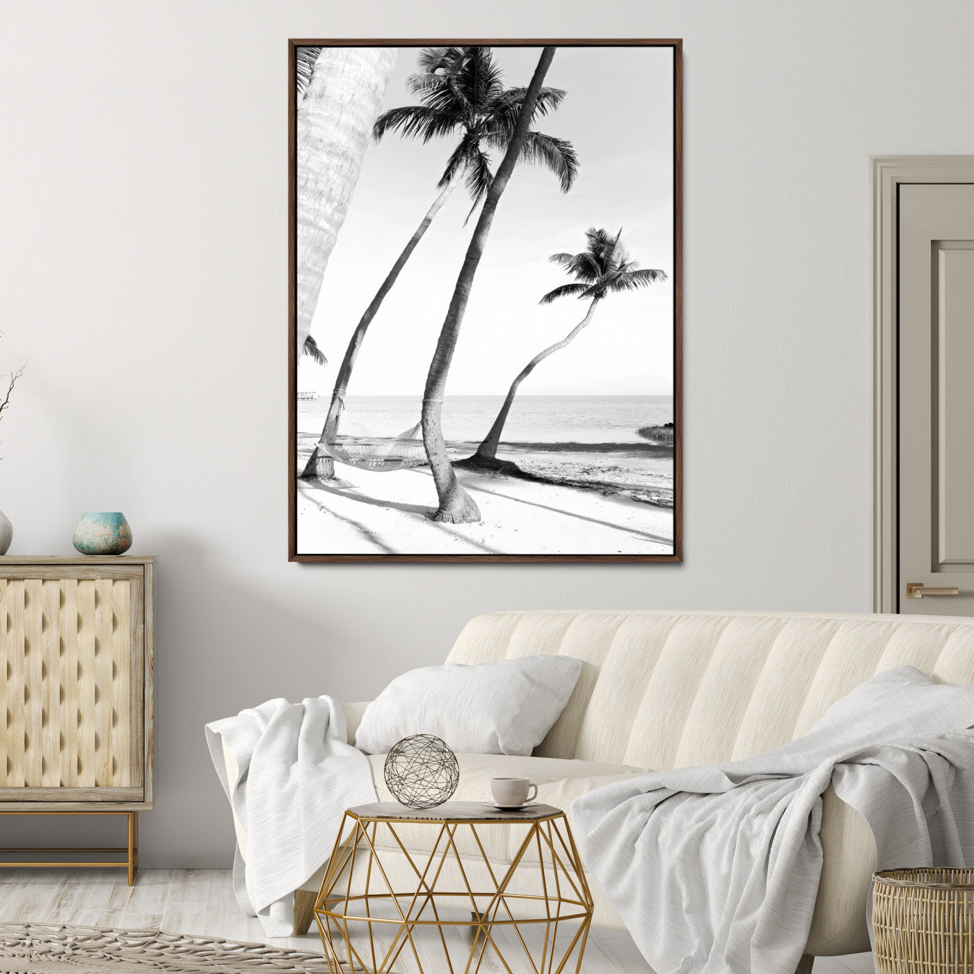 50406026-MGV-CV-24X36-Black White Palms Wall Art Canvas Print, Framed Tropical Beach Art Picture Print, Minimalist Coastal Perfect Coastal Minimalist
