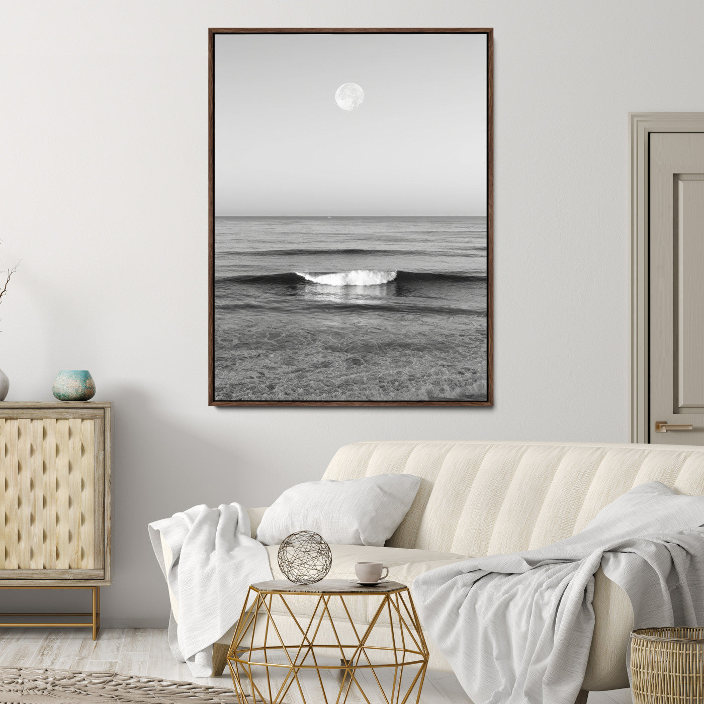 96234442-MGV-CV-24X36-Black White Ocean Scene Wall Art Canvas Print, Framed Full Moon Over Sea Art Picture Print, Tranquil Coastal Canvas Perfect