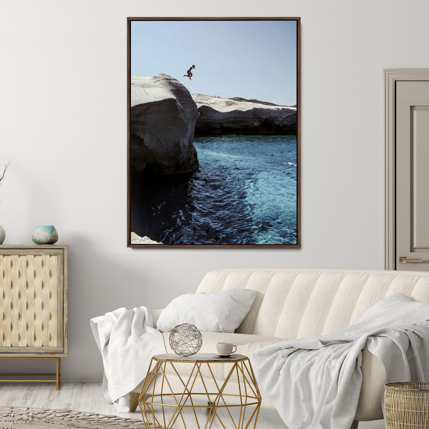 96853328-MGV-CV-24X36-Cliff Diving Wall Art Canvas Print, Framed Turquoise Sea Art Picture Print, Ocean Adventure Perfect Coastal Minimalist Decor