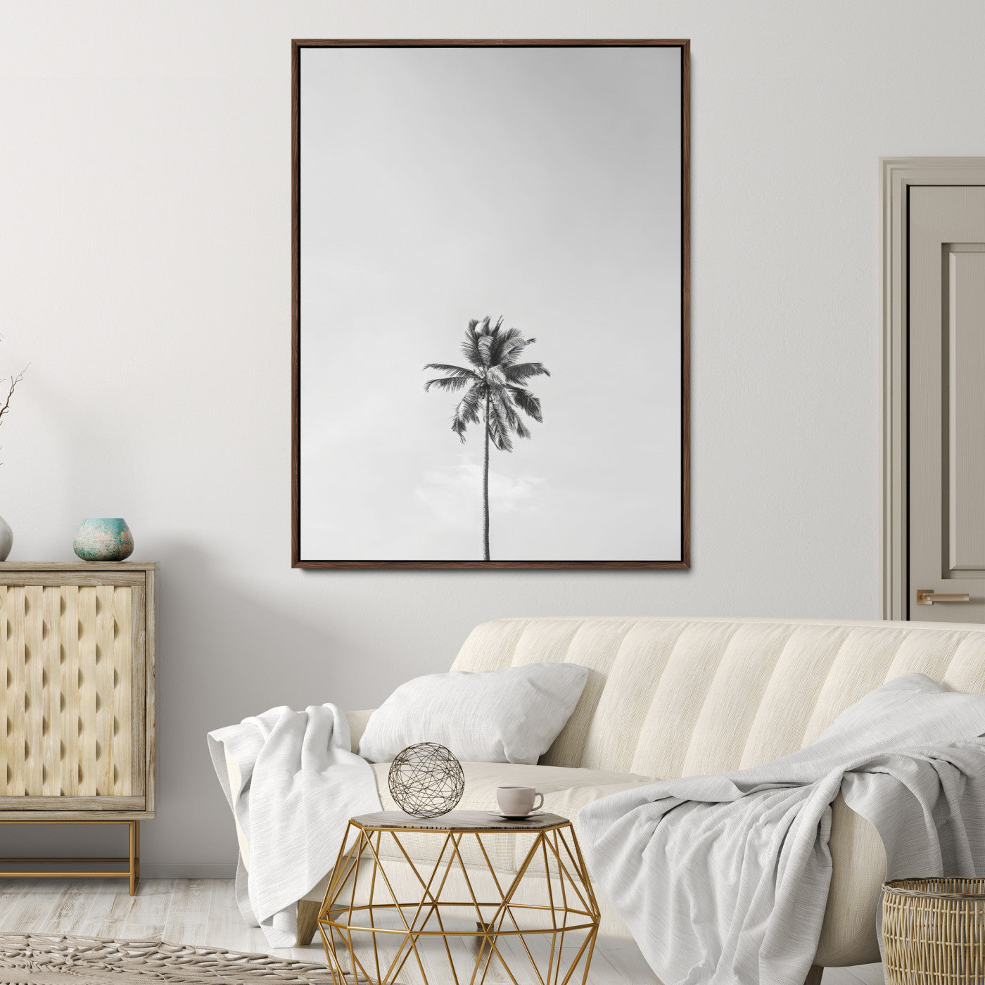 67263674-MGV-CV-24X36-Lone Palm Tree Wall Art Canvas Print, Framed Minimalist Tropical Art Picture Print, Monochrome Beach Perfect Modern Coastal