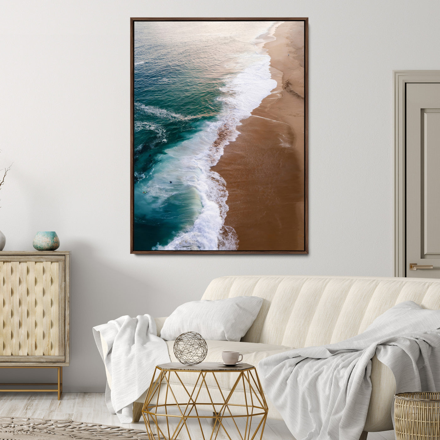 46042804-MGV-CV-24X36-Aerial Beach Wall Art Canvas Print, Framed Coastal Waves Art Picture Print, Turquoise Ocean Perfect Modern Coastal Decor Artwork