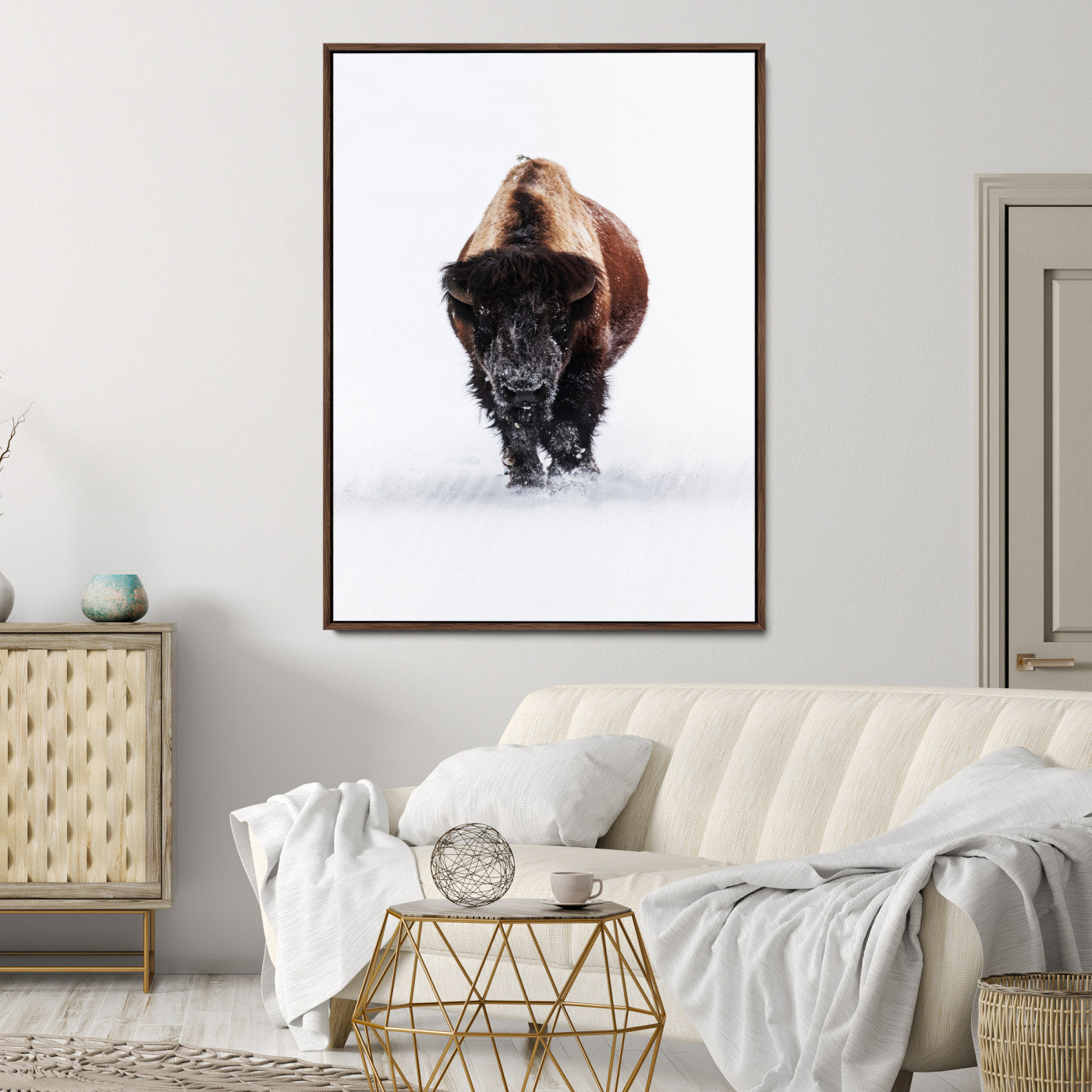 11394883-MGV-CV-24X36-Winter Bison Wall Art Canvas Print, Framed Rustic Wildlife Art Picture Print, Bold Animal Art Perfect Rustic Lodge Decor Artwork