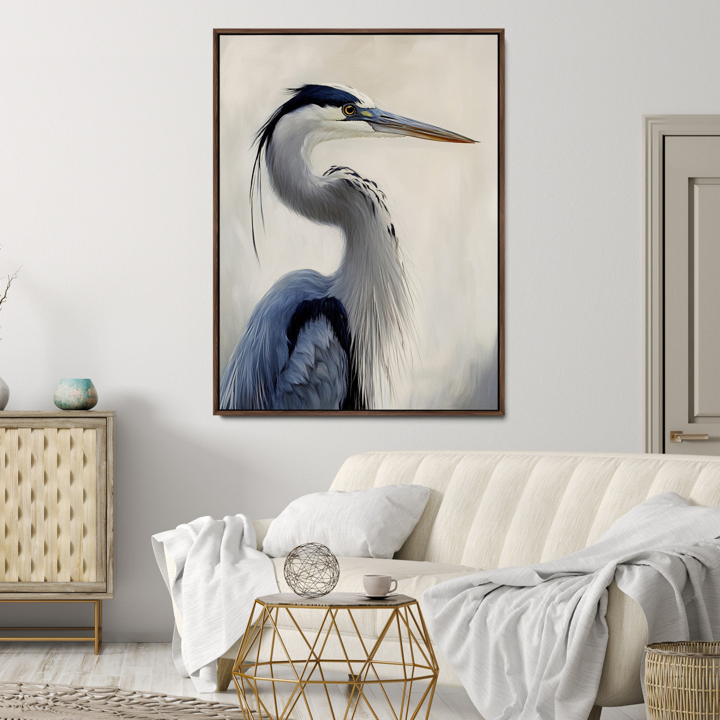 79581184-MGV-CV-24X36-Blue Heron Wall Art Canvas Print, Framed Elegant Wildlife Art Picture Print, Minimalist Bird Theme Perfect Coastal Minimalist