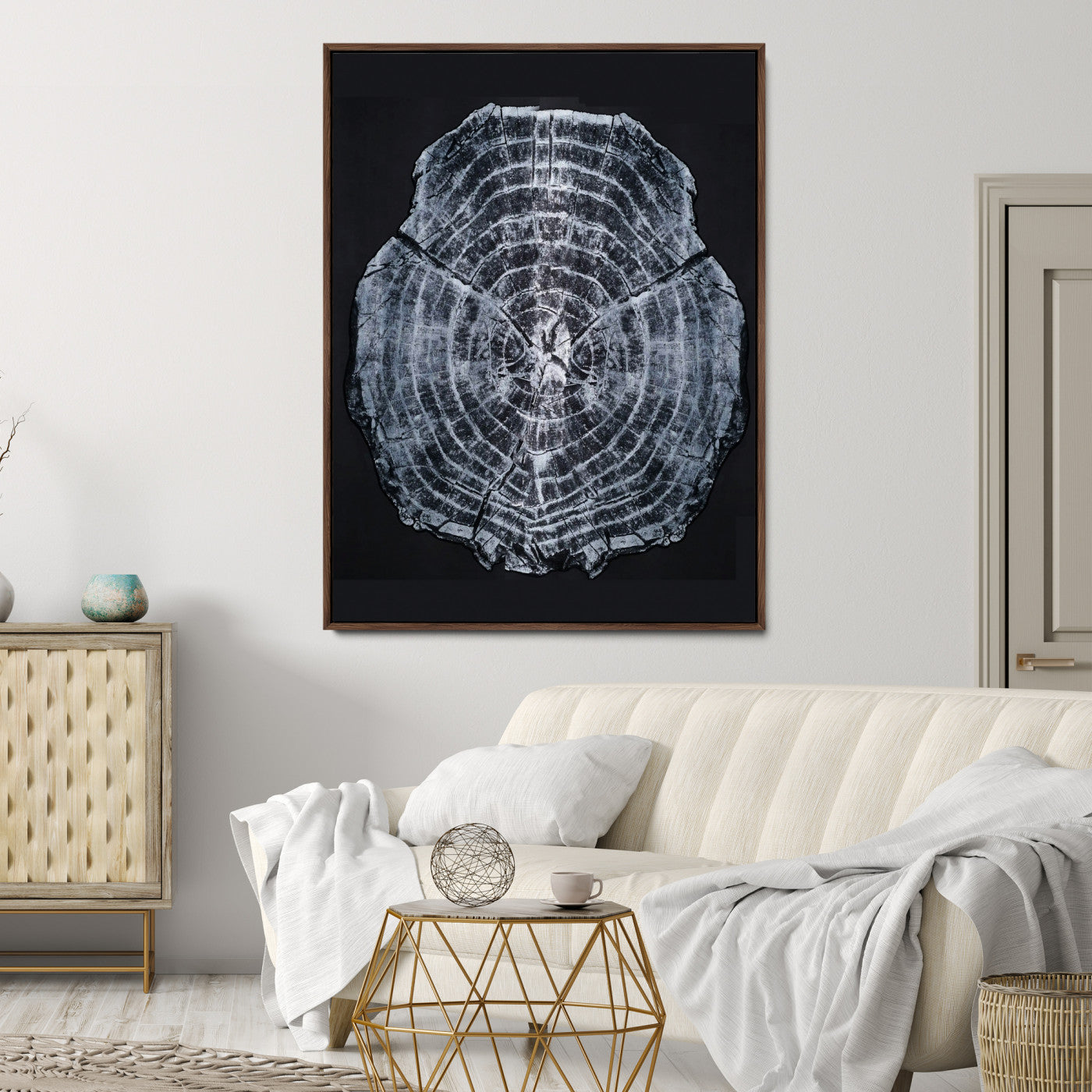 67859667-MGV-CV-24X36-Tree Ring Wall Art Wall Art Canvas Print, Framed Wood Slice Canvas Art Picture Print, Monochrome Nature Decor Perfect Modern