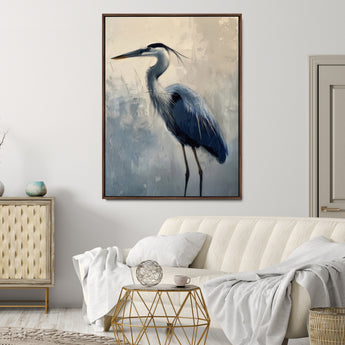 68368019-MGV-CV-24X36-Blue Heron Art Wall Art Canvas Print, Framed Crane Bird Painting Art Picture Print, Elegant Wildlife Scene Perfect Coastal