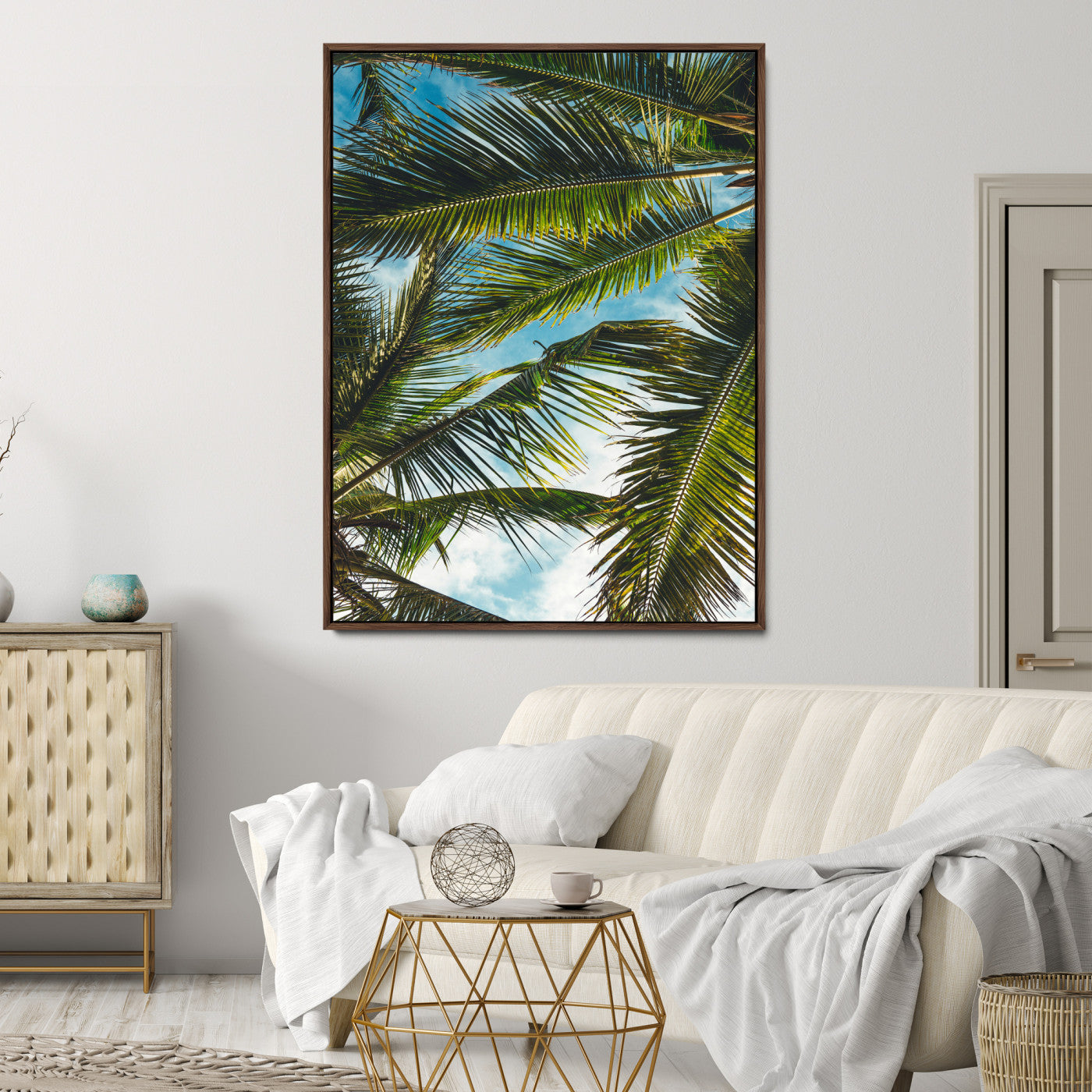 31086560-MGV-CV-24X36-Palm Leaves Wall Art Canvas Print, Framed Tropical Vibes Art Picture Print, Green Foliage Perfect Tropical Boho Decor Artwork