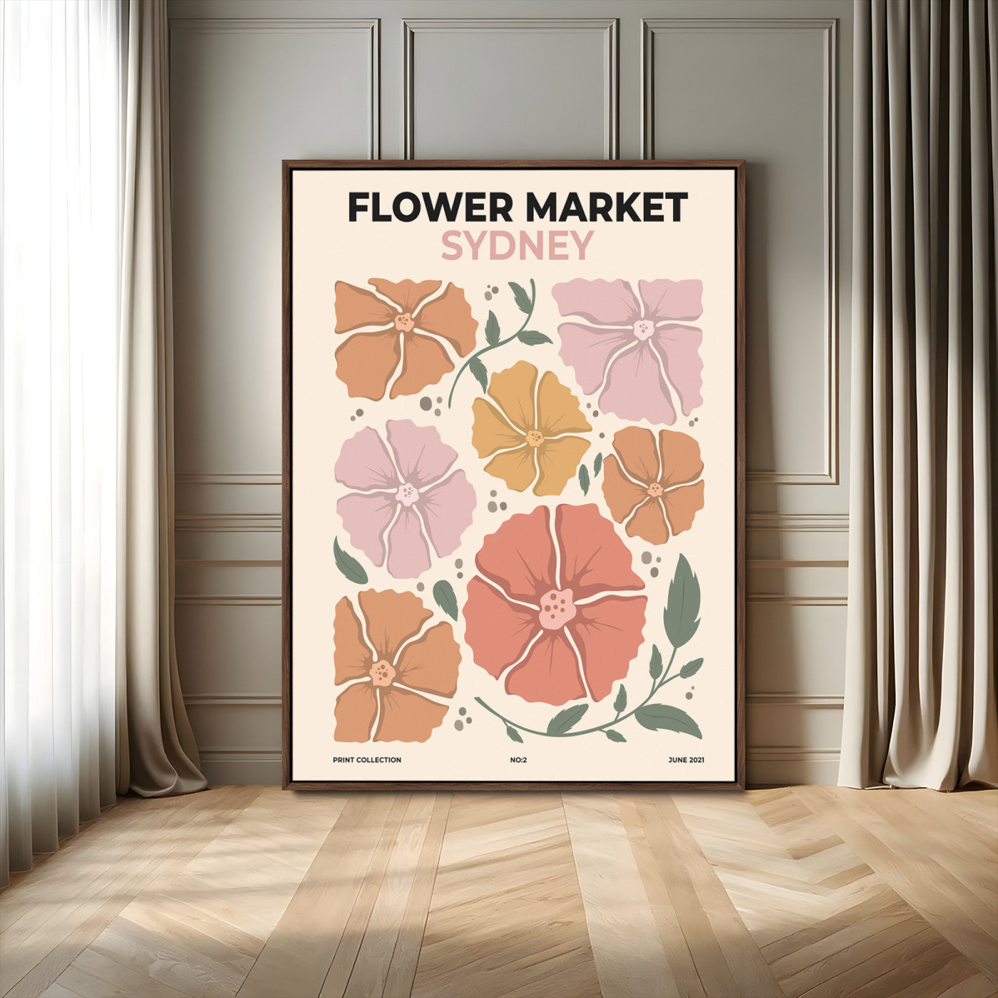 76114-MGV-FC-24X36_Walnut-Flower Market Sydney Wall Art – Vintage Floral Poster Print, Modern Botanical Artwork for Bedroom, Kitchen, or Living Room Decor