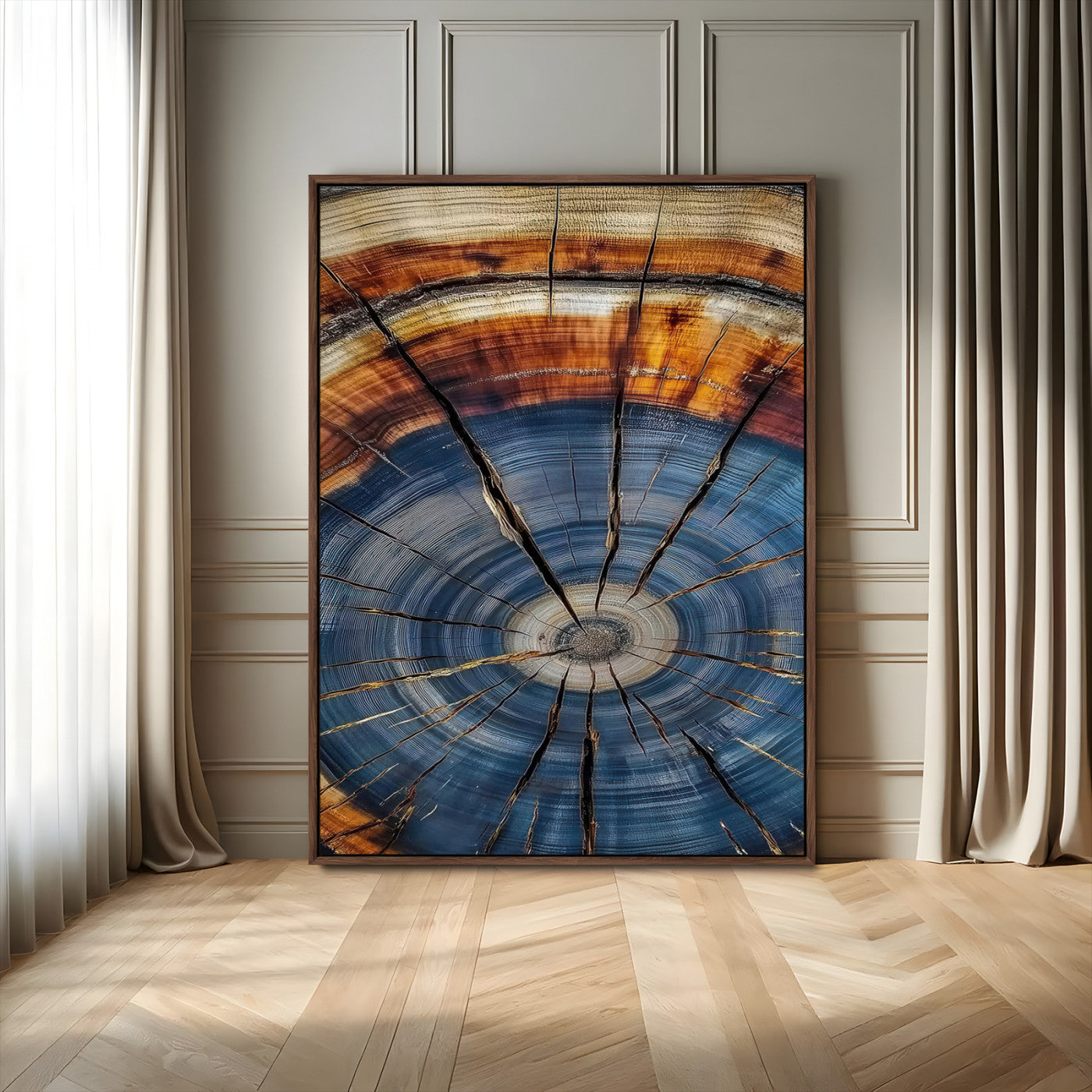 58959380-MGV-FC-24X36_Walnut-Tree Rings Wall Art Canvas Print, Framed Wood Texture Art Picture Print, Blue Grain Perfect Rustic Modern Decor Artwork