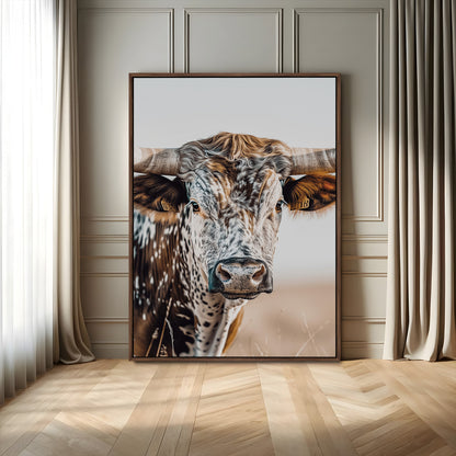 50803532-MGV-FC-24X36_Walnut-Texas Longhorn Wall Art Canvas Print, Framed Speckled Cow Art Picture Print, Horned Bull Perfect Rustic Western Decor Artwork