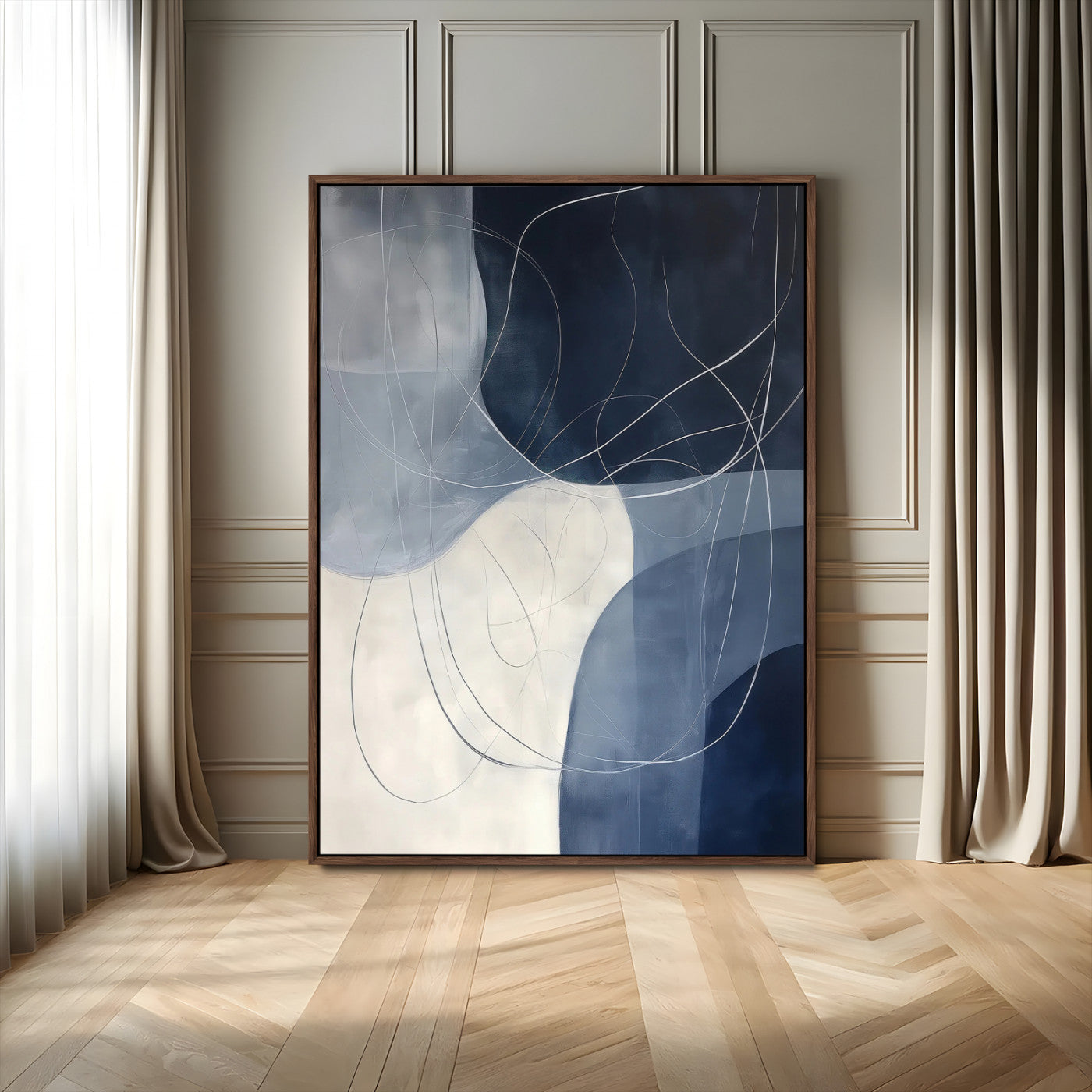 62566633-MGV-FC-24X36-Navy Abstract Wall Art Canvas Print, Framed Minimal Lineart Art Picture Print, Abstract Shapes Perfect Minimalist Abstract Decor