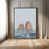 23148844-MGV-FC-24X36_Walnut-Faraglioni Capri Wall Art Canvas Print, Framed Serene Ocean Art Picture Print, Mediterranean Coastal Perfect Mediterranean