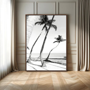 50406026-MGV-FC-24X36_Walnut-Black White Palms Wall Art Canvas Print, Framed Tropical Beach Art Picture Print, Minimalist Coastal Perfect Coastal Minimalist