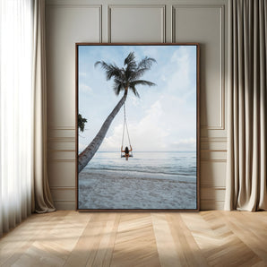 86062249-MGV-FC-24X36_Walnut-Tropical Swing Wall Art Canvas Print, Framed Ocean Horizon Art Picture Print, Palm Trees Perfect Tropical Minimalist Decor Artwork