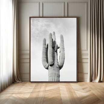 17148959-MGV-FC-24X36_Walnut-Saguaro Cactus Wall Art Canvas Print, Framed Monochrome Desert Art Picture Print, Black White Cactus Perfect Southwestern