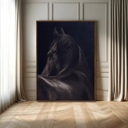 67026880-MGV-FC-24X36_Walnut-Black Horse Portrait Wall Art Canvas Print, Framed Moody Horse Decor Art Picture Print, Equestrian Wall Style Perfect Masculine