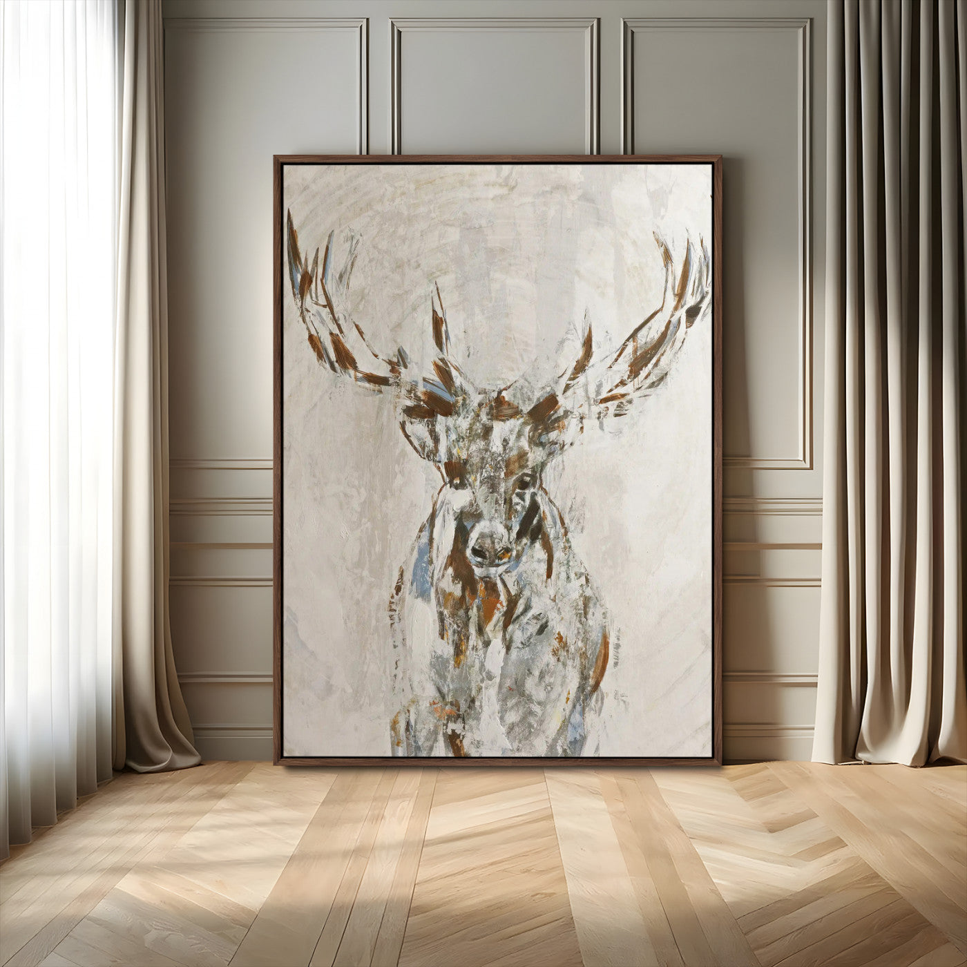 79642067-MGV-FC-24X36_Walnut-Abstract Deer Wall Art Canvas Print, Framed Lodge Style Decor Art Picture Print, Rustic Animal Wall Perfect Lodge Cabin Style