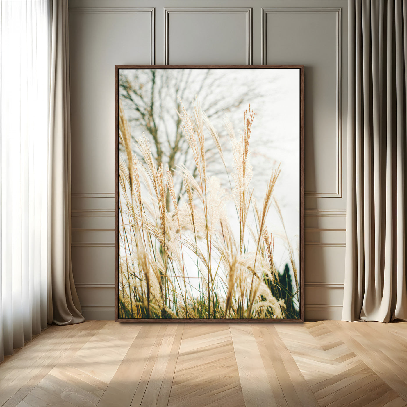 17571705-MGV-FC-24X36_Walnut-Pampas Grass Wall Art Canvas Print, Framed Neutral Tones Art Picture Print, Minimalist Nature Perfect Boho Minimalist Decor
