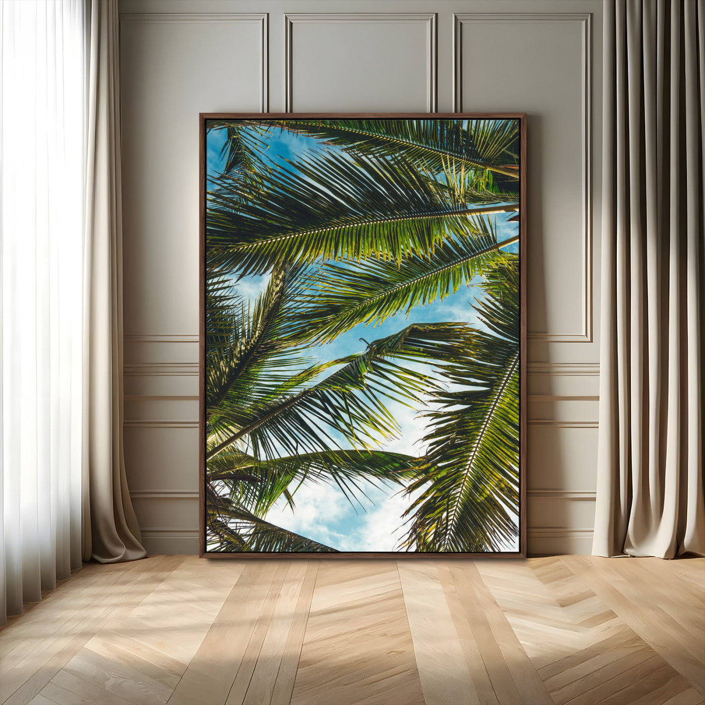 31086560-MGV-CV-24X36-Palm Leaves Wall Art Canvas Print, Framed Tropical Vibes Art Picture Print, Green Foliage Perfect Tropical Boho Decor Artwork