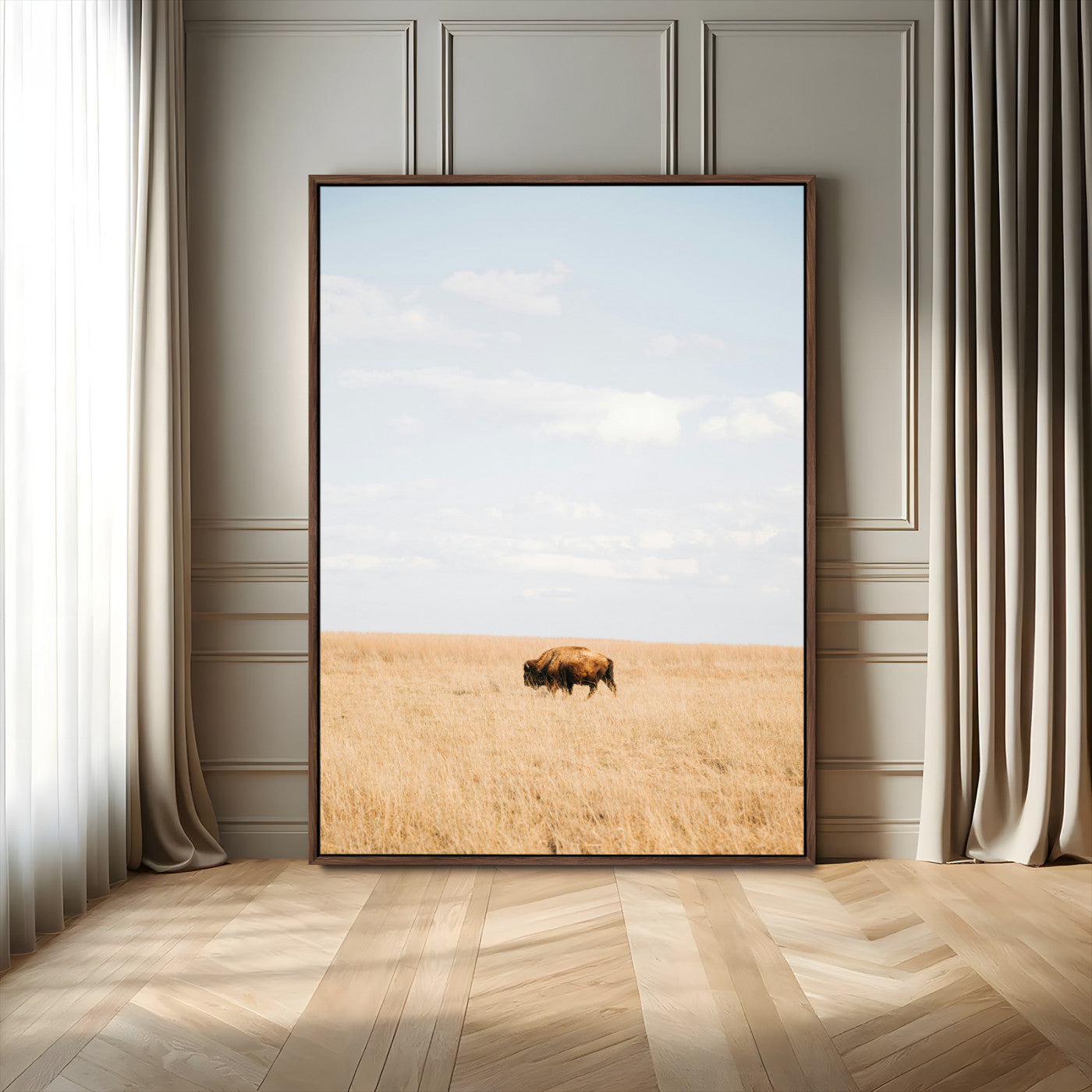 96766166-MGV-FC-24X36_Walnut-Minimalist Nature Wall Art Canvas Print, Framed Bison In Grassland Art Picture Print, Open Field Perfect Modern Ranch Decor Decor