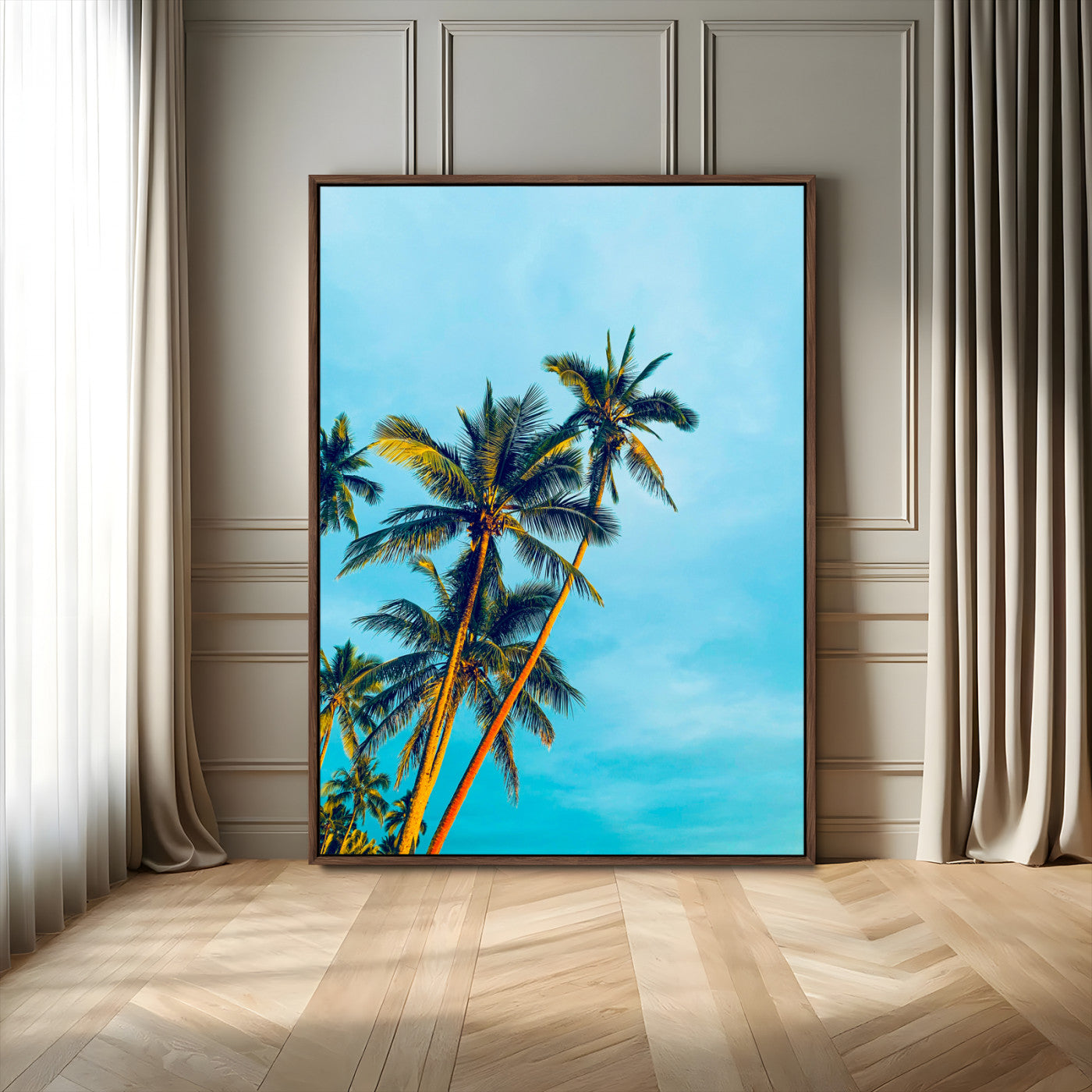 62885569-MGV-FC-24X36_Walnut-Palm Trees Wall Art Canvas Print, Framed Tropical Vibes Art Picture Print, Blue Sky Perfect Coastal Boho Decor Artwork
