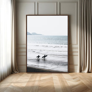 58090796-MGV-FC-24X36_Walnut-Surfer Silhouettes Wall Art Canvas Print, Framed Minimalist Ocean Art Picture Print, Soft Horizon Perfect Minimalist Coastal Decor