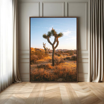 90776393-MGV-FC-24X36_Walnut-Joshua Tree Wall Art Canvas Print, Framed Golden Hour Desert Art Picture Print, Sunset Glow Perfect Southwestern Boho Decor