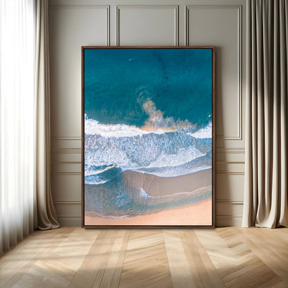 97740681-MGV-FC-24X36_Walnut-Aerial Beach View Wall Art Canvas Print, Framed Ocean Waves Art Picture Print, Coastal Serenity Perfect Coastal Minimalist Decor