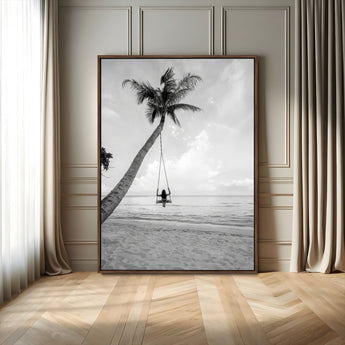 41303063-MGV-FC-24X36_Walnut-Coastal Wall Art – Palm Tree Swing Black and White Canvas Print, Tropical Beach Photography Decor for Bedroom, Living Room,